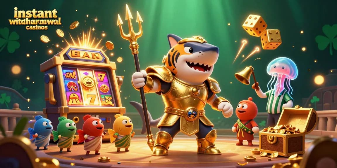Experience instant withdrawal casinos with a dynamic scene featuring a tiger shark and slot machines