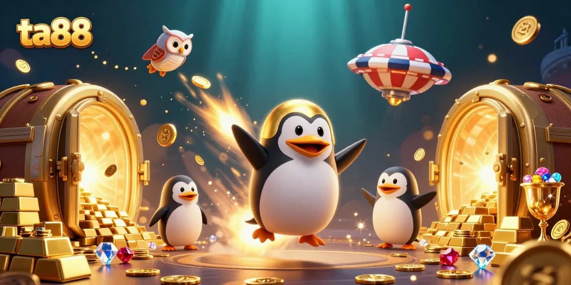Experience thrilling wins with ta88's dynamic casino adventure featuring a golden penguin in space.