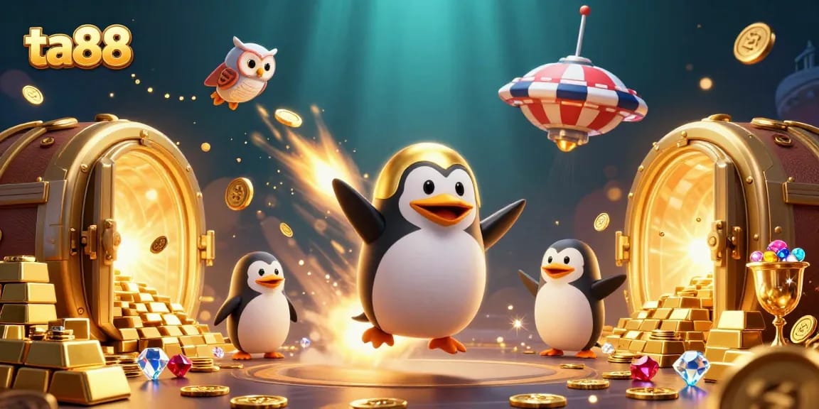 Experience thrilling wins with ta88's dynamic casino adventure featuring a golden penguin in space.