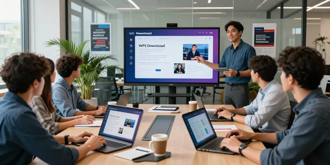 WPS Download presentation in a modern office workspace highlighting collaborative benefits and software features.