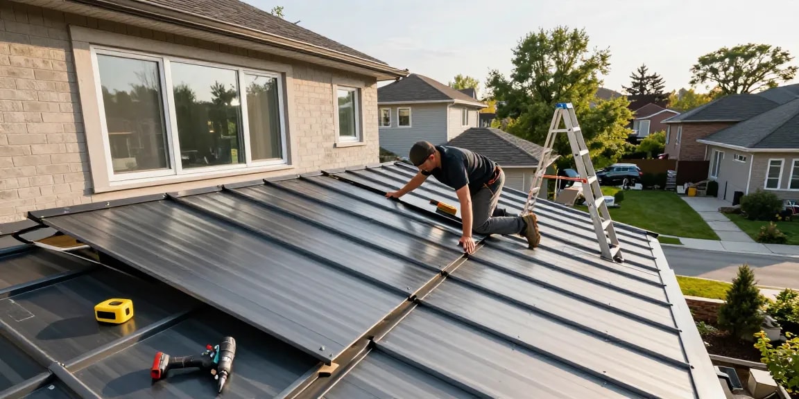 Professional metal roof installer working on a residential home in Toronto, showcasing quality craftsmanship and modern roofing techniques.