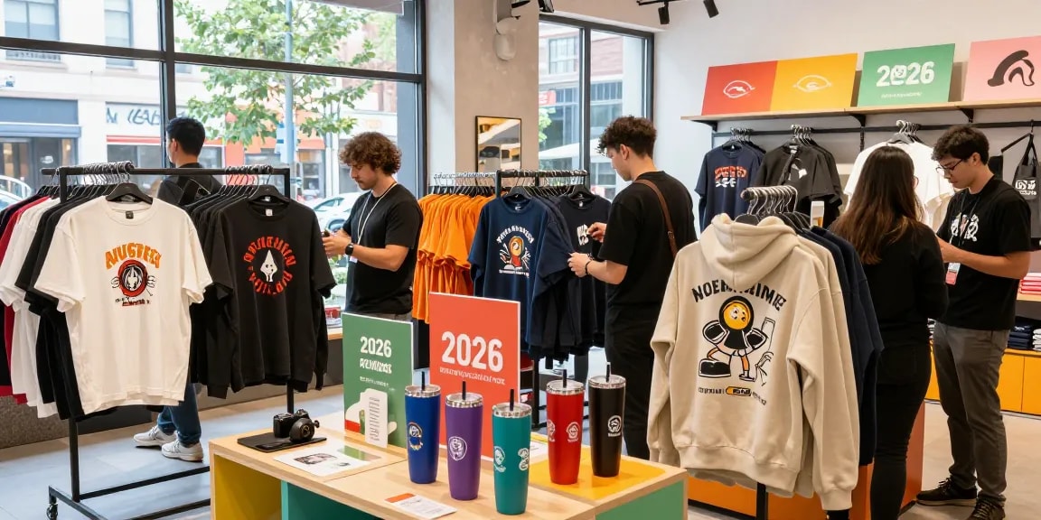 Exploring printed apparel in a vibrant retail showroom featuring diverse custom clothing and promotional items.