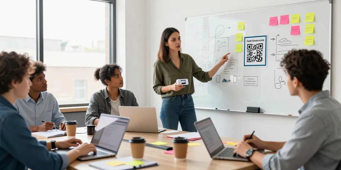Collaboration scene using the QR Code Generator Canada in a vibrant workspace with a diverse team.