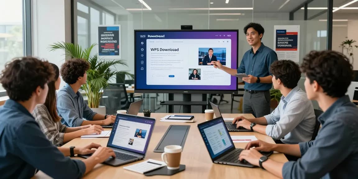 WPS Download presentation in a modern office workspace highlighting collaborative benefits and software features.