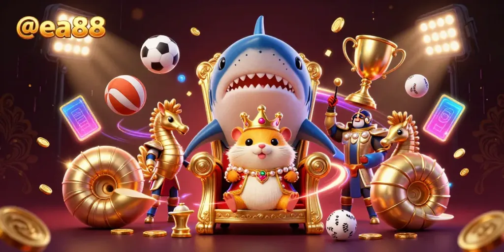 Engage with thrilling sports betting at @ea88, featuring a vibrant scene of a golden hamster king and dynamic sports elements.