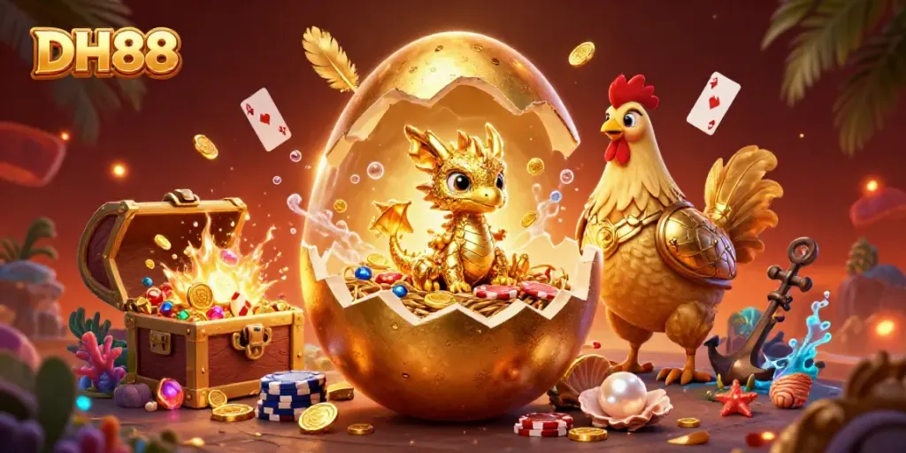 Experience the vibrant DH88 dragon and poker scene amidst golden treasures and casino elements.