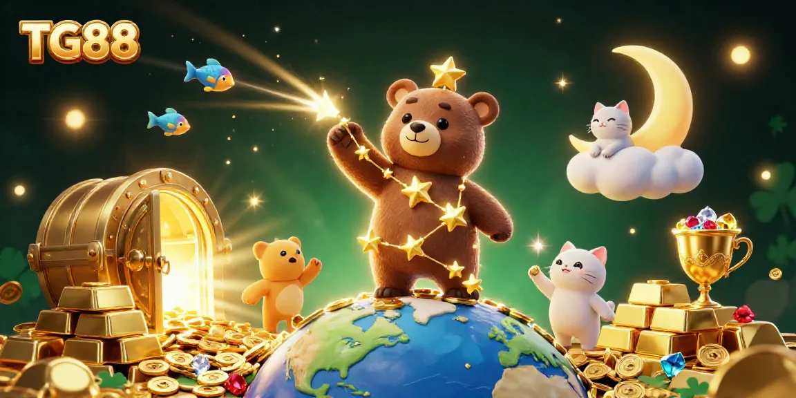 Play games and win with TG88 in this vibrant 3D casino action scene filled with treasures.