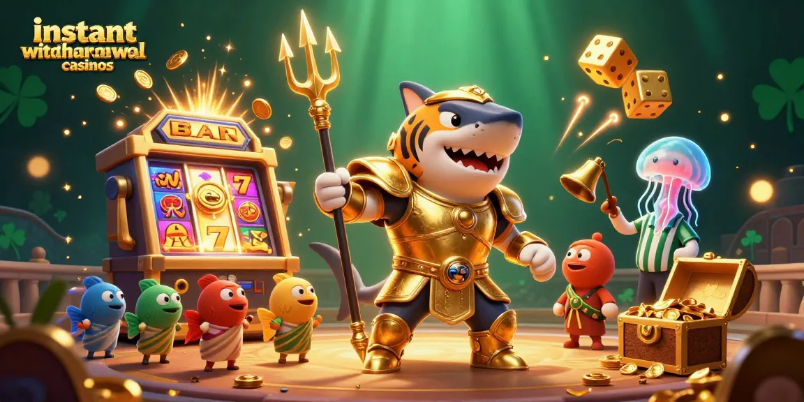 Experience instant withdrawal casinos with a dynamic scene featuring a tiger shark and slot machines