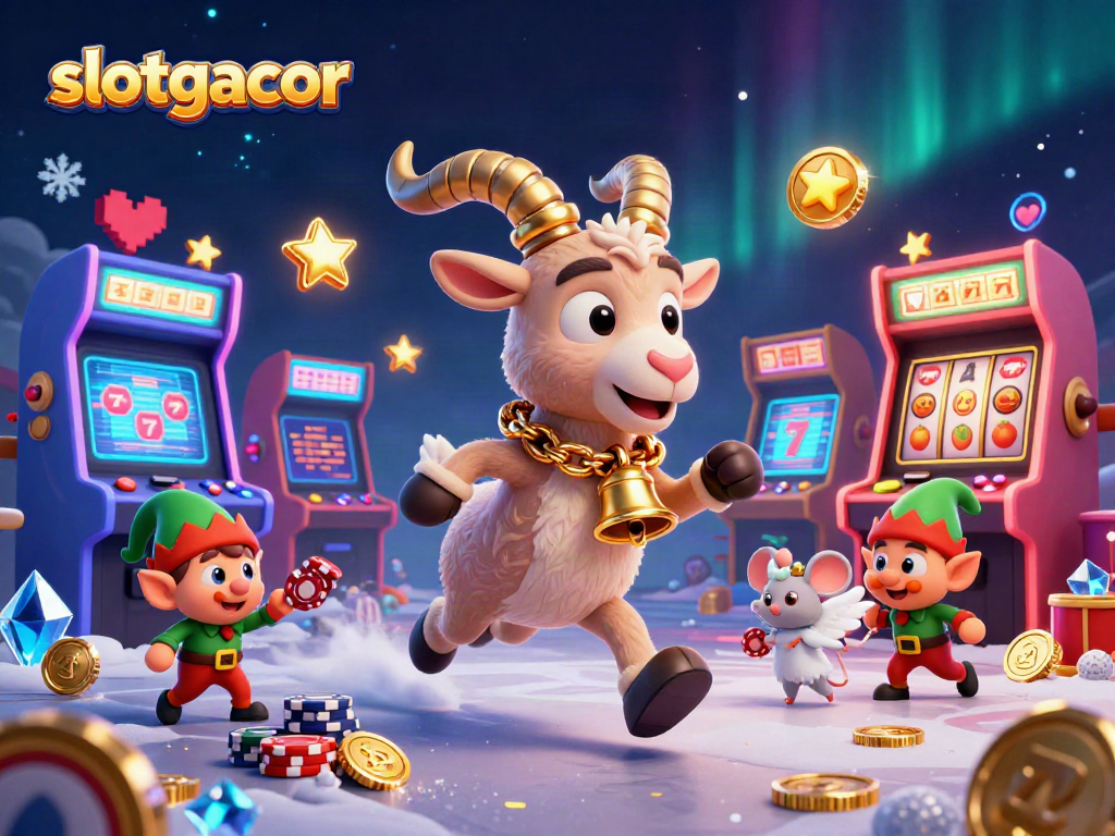 Engage in slotgacor with Krampus and mischievous elves amid chaotic festive fun in a vibrant casino scene.