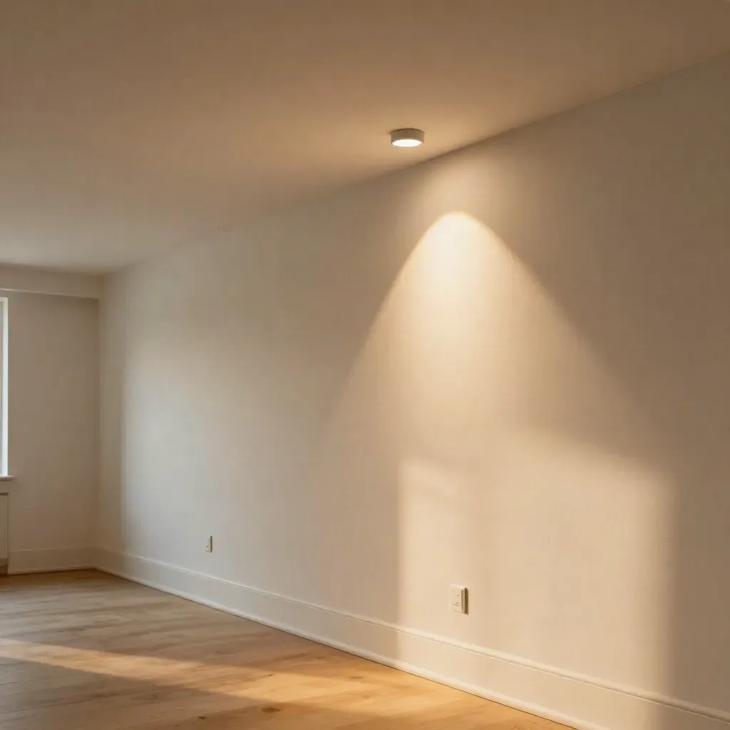 Renovated living room ceiling with recessed pot lights and a dimmer plate glowing warmly.