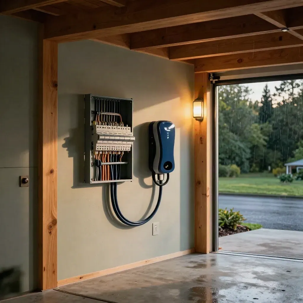 Basement-garage electrical upgrade with panel, EV charger, conduit and rain-lit haze.