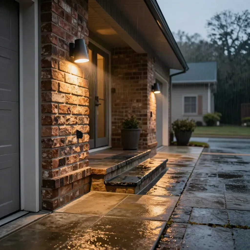 Brick porch and garage lit at dusk by sconce, floodlight, and path lights on wet pavers.