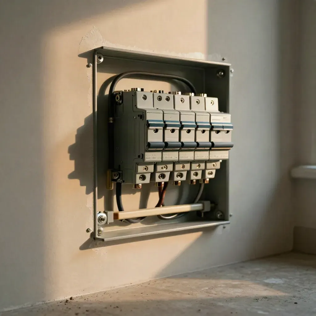 Modern breaker panel in a mechanical closet with fresh drywall patching and routed cable.