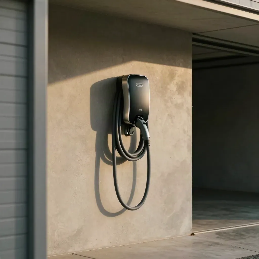Wall-mounted EV charger in a quiet garage, cable looped and conduit neatly clipped