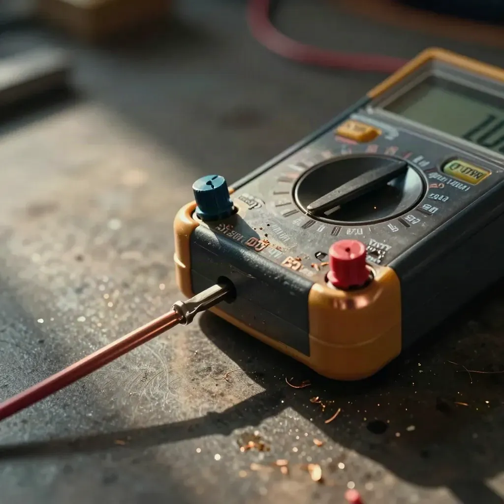 Extreme macro of a scarred multimeter, copper wires and screwdriver tip on a dark workbench.