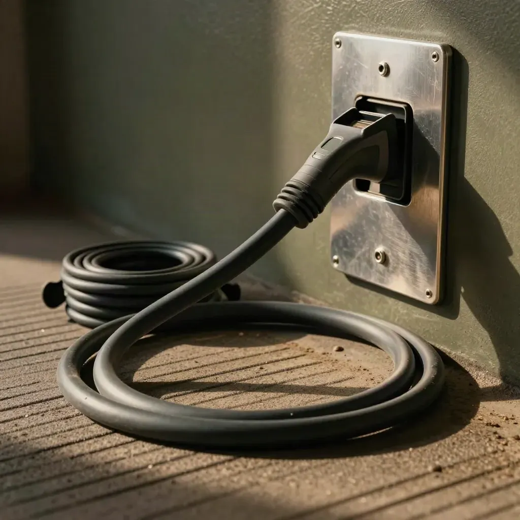 Close-up of an EV charging cable, connector head, strap, and wall plate on a garage mat.