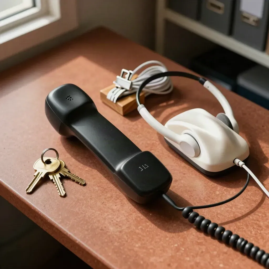 Cordless handset, keys, headset base and charging dock on a terracotta-toned office counter.
