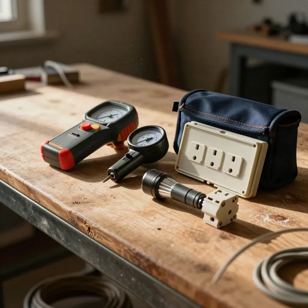 Inspection kit on a workbench with tester, flashlight, outlet gauge, breaker, and junction box lid