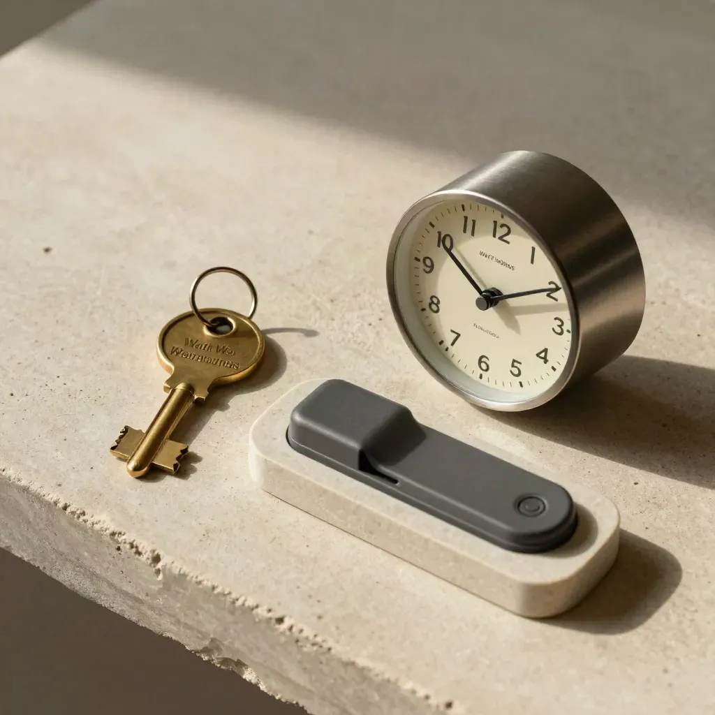 Brass key tag, desk clock, garage fob, and charging dock on pale concrete.