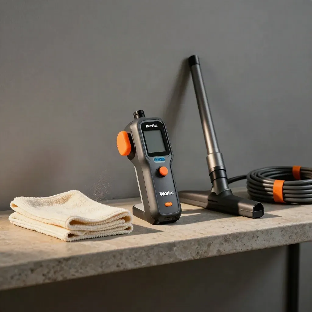 Receptacle tester, cloth, vacuum nozzle, and coiled cord on a stone utility shelf