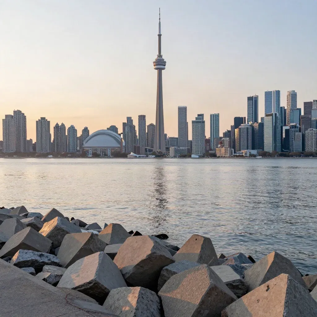 Toronto skyline with CN Tower above calm water in warm evening haze