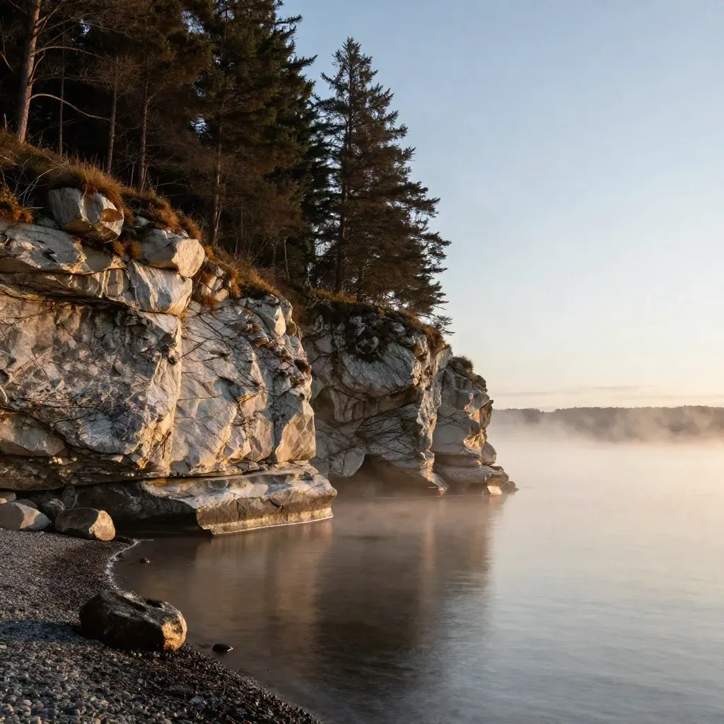 Blue-hour Halton shoreline with misty limestone, water, and cedar tones, leaving calm copy space.
