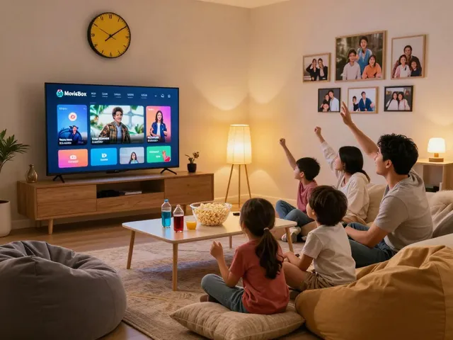 Family enjoying movie box download on smart TV during cozy movie night.