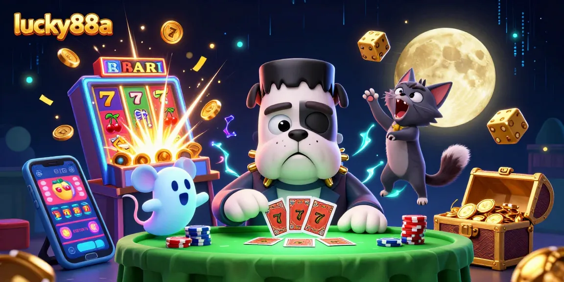 lucky88a showcases a lively scene with a Frankenstein bulldog dealer, jackpot symbols, and a mystical background, perfect for casino enthusiasts.
